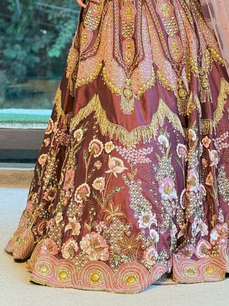 Mihrab Bloom Maroon Raw Silk, Satin-Silk & Tulle Net Lehenga