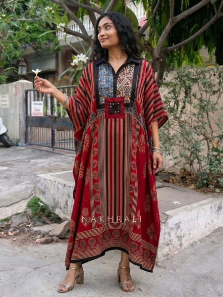 Boho Canvas Blue Printed Kaftan Dress