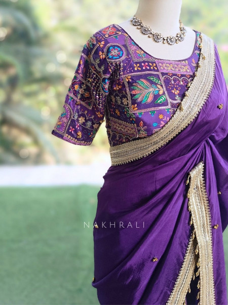 Rati Purple Saree with Gota Patti Border & Multicolor Embroidered Readymade Blouse