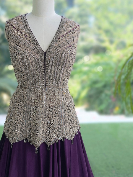 Seravelle Purple Net & Georgette Indo-Western Peplum Lehenga Set