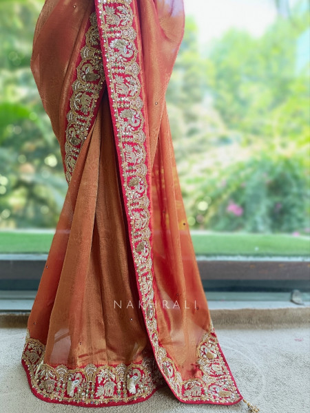 Noor-e-Aftab Orange Saree With Heritage Zardozi & Peacock Elephant Embroidery
