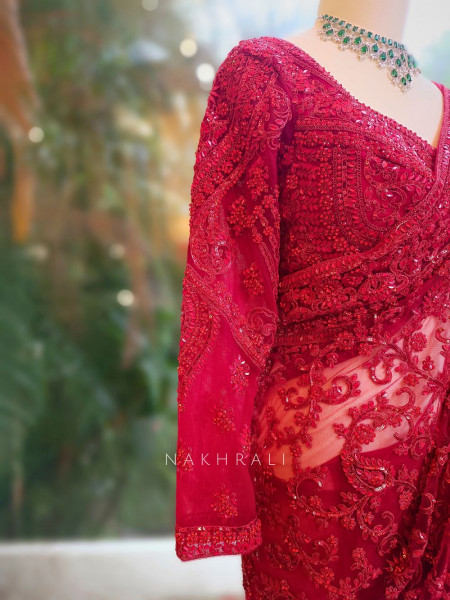 Scarlet Bloom Red Net Saree with Sequin and Stone Embroidery