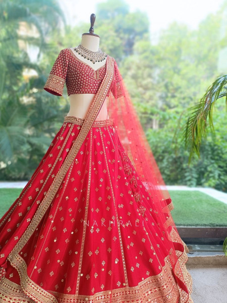 Zardozi Lattice Red Raw Silk & Soft Net Bridal Lehenga
