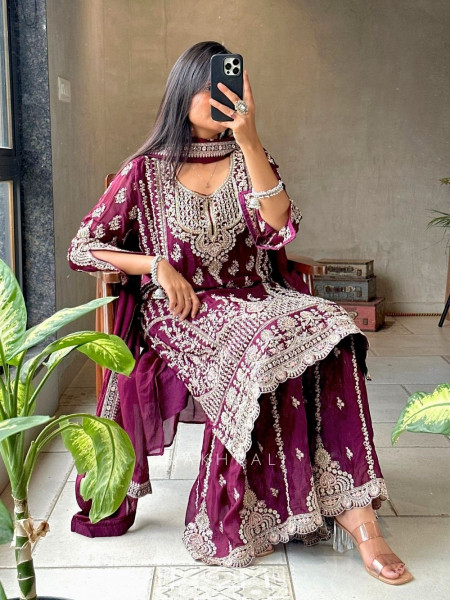 Avani Wine Georgette Gharara Suit Set with Cut Dana, Zari & Sequin Work