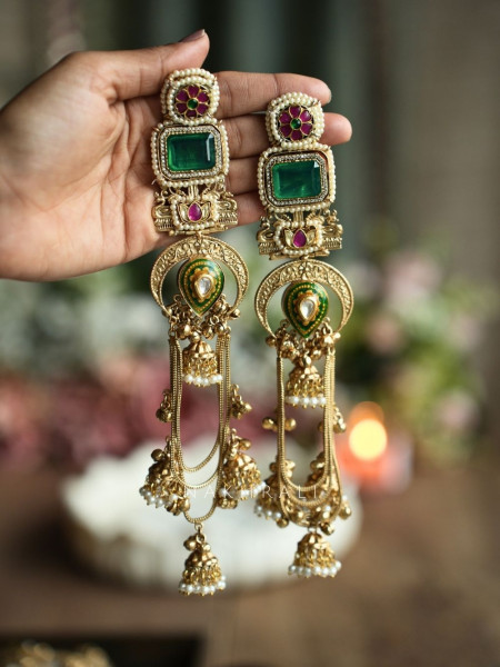 Alora Forest Green Stone Long Kashmiri Earring