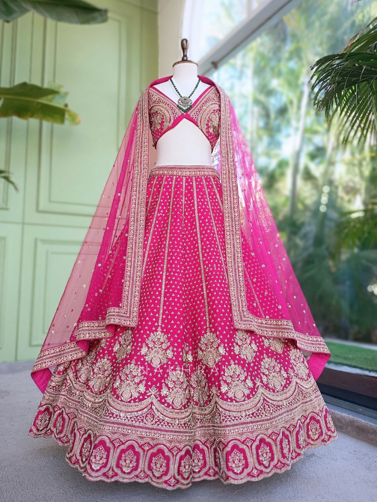 Image of Ritambari Rani Pink Raw Silk Bridal Lehenga