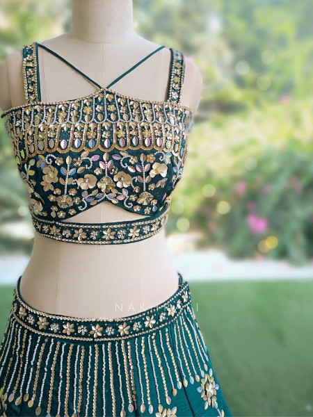 Cloverine Green Raw Silk Indo-Western Lehenga Set