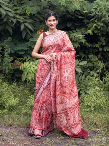 Rudra Red Silk Saree with Brocade Border and Stone Work