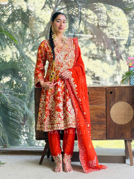 Ruhana Orange Suit Set With Mirror Work