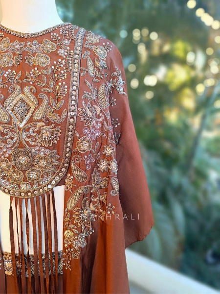 Mocha Veil Embroidered Crop Top Palazzo Set with Cape Jacket