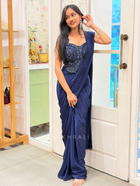 Vionelle Blue Drape Saree with Cut Dana Embellished Blouse