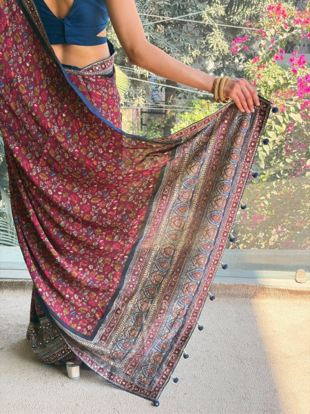 Maroon Floral Ajrak Modal Silk Saree