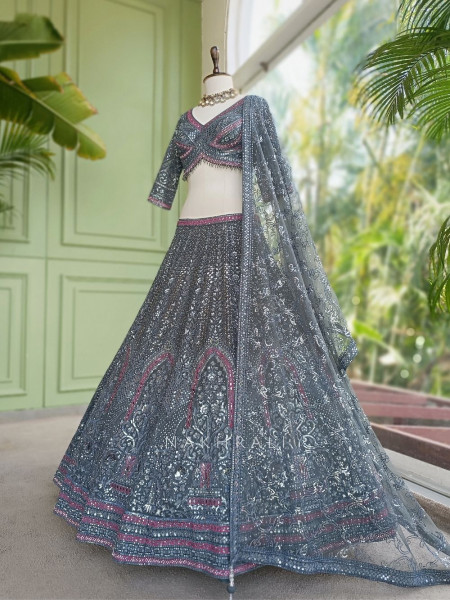 Shimmery Grey Lehenga Set with Embroidery and Sequin Work