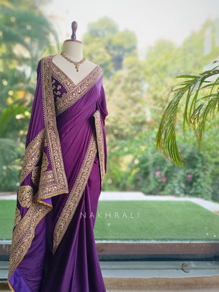 Gilded Borderways Purple Chinnon Silk Saree with Running Blouse