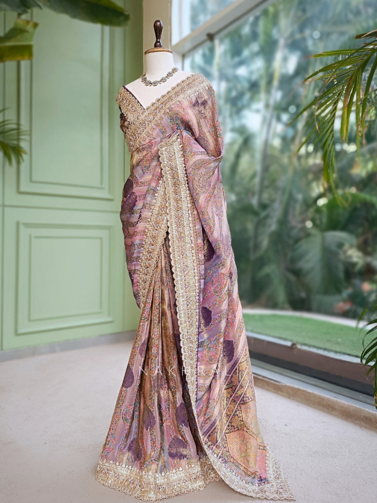 Image of Resham Kyari Purple Crepe Silk Printed Saree