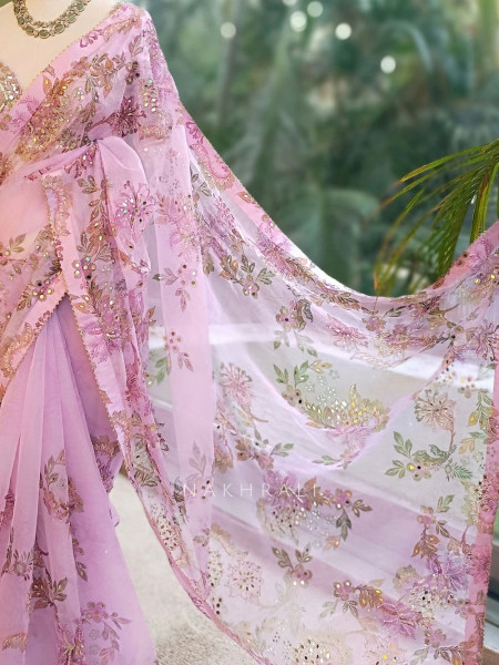 Petal Gleam Lavender Floral Silk Organza Saree
