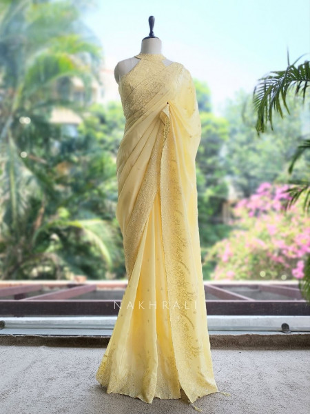 Oshni Yellow Saree with Readymade Halter Blouse