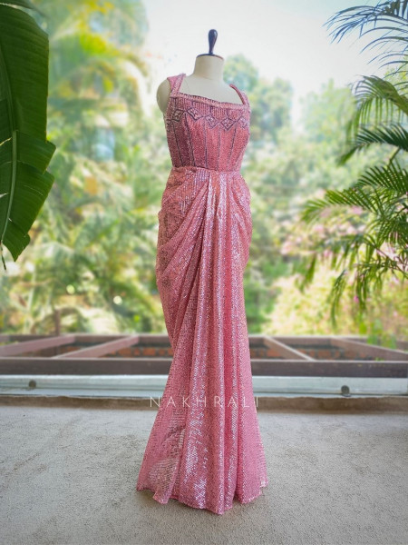 Eirene Pink Sequin Gown with Cut Dana Work and Frill Jacket
