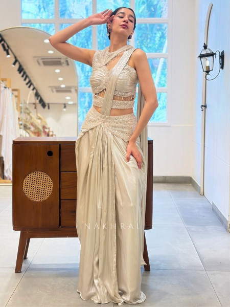 Luminary Off White Satin Blend Drape Saree with Corset Blouse – Bead, Sequin & Cutdana Work