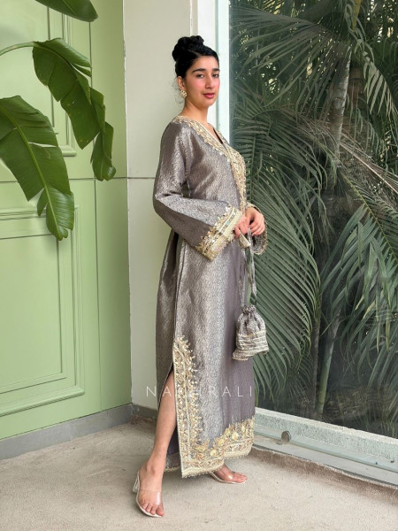 Kyra Grey Straight Dress with Mirror Zari Work