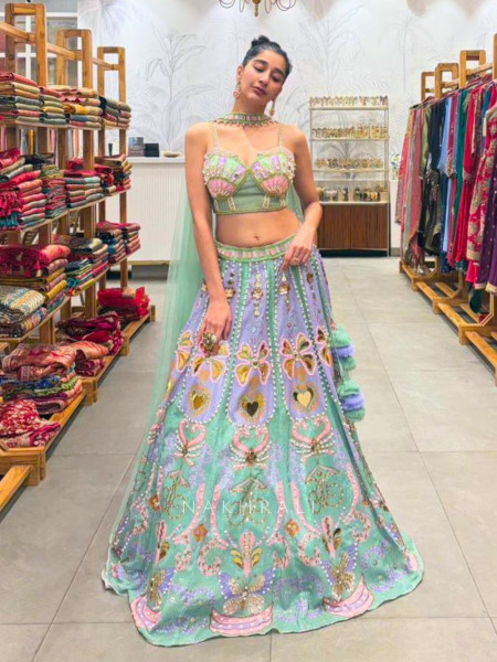 Ophira Green Lehenga with Sequin, Pearl, and Mirror Work