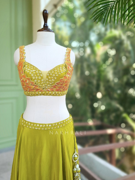 Parrot Green Indo Western Drape Skirt Set with Floral Sequin Embellished Blouse