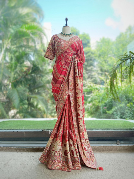 Dia Red Tussar-Crepe Blend Saree with Readymade Blouse