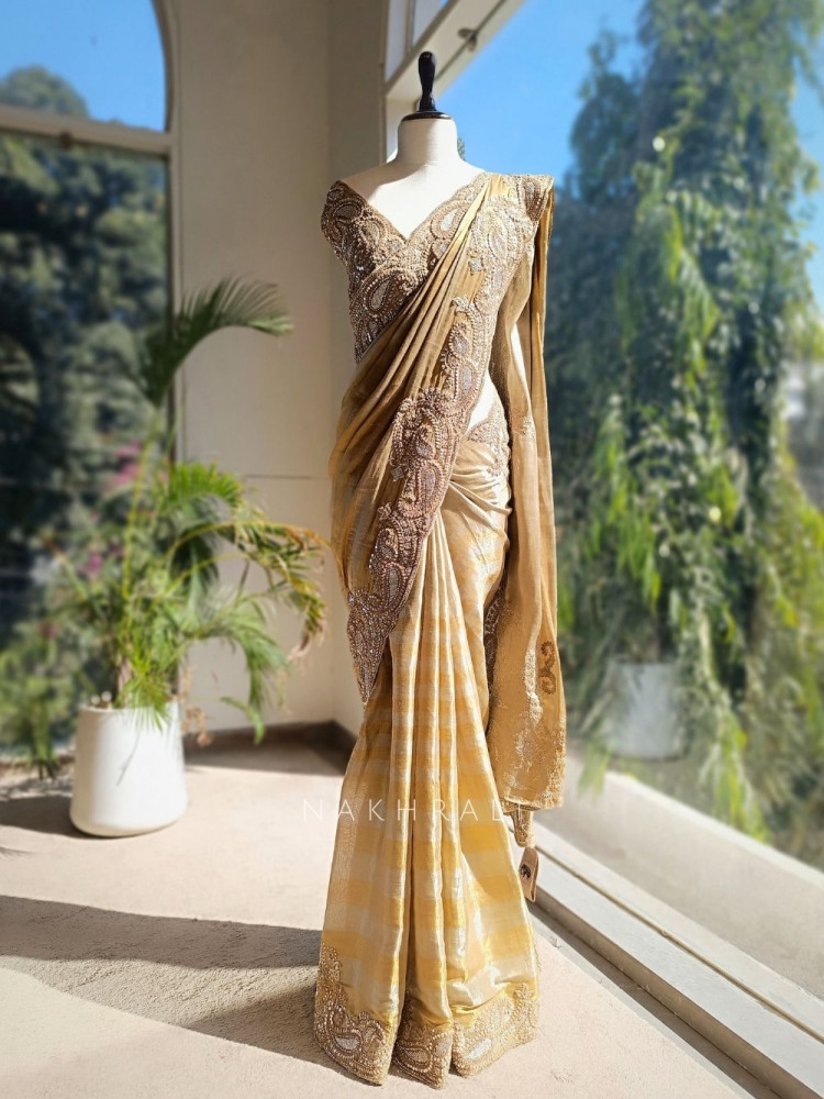 Image of Svarna Rekha Gold Saree with Zari Zardozi Work