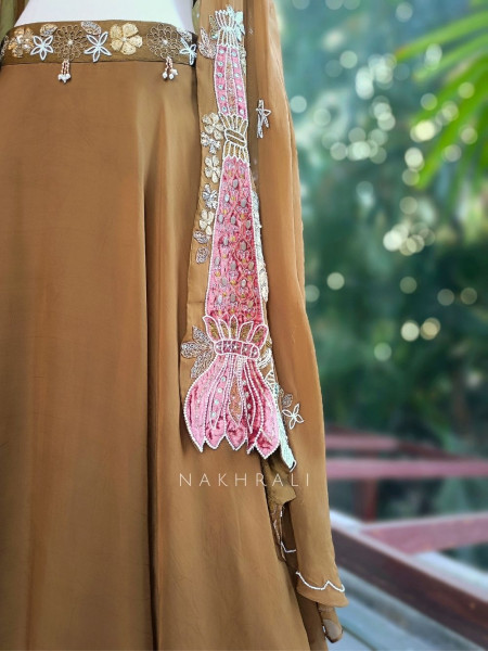 Gulvani Brown Indo-Western Lehenga Set with Zari, Sequin and Bead Work