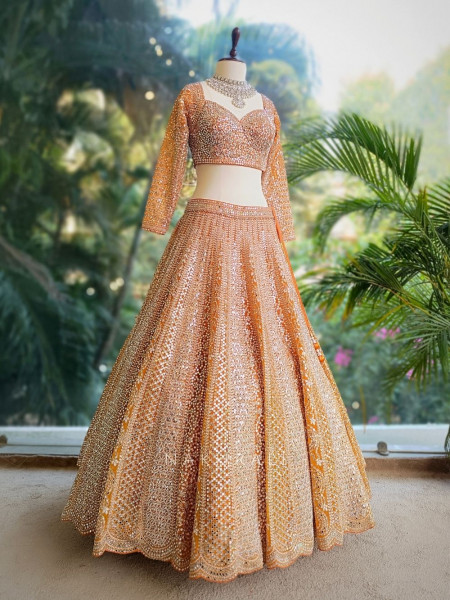 Sitara Orange Net Lehenga with Mirror, Zari and Bead Embellishments