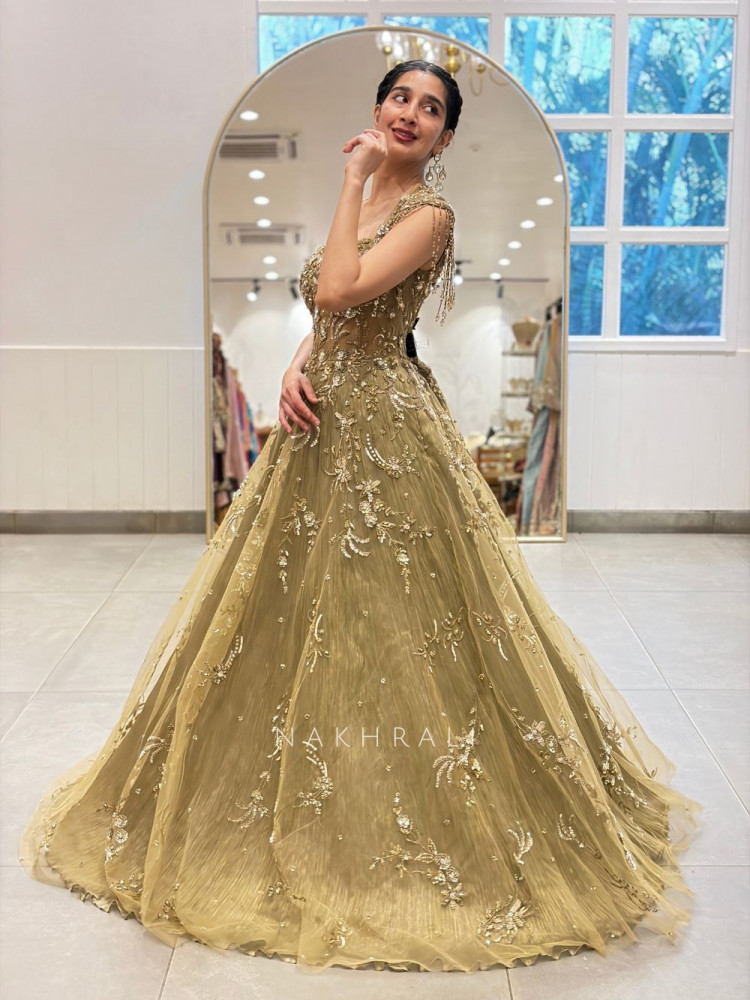 Image of Chandelier Crystal Green Shoulder Drops Gown