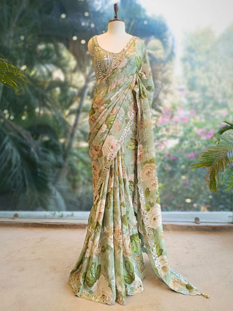 Image of Flora Green Floral Saree with Mirror &amp; Gota Work