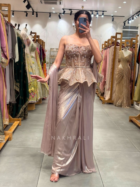 Miraya Pink Indo-Western Drape Saree with Sequin Peplum Blouse