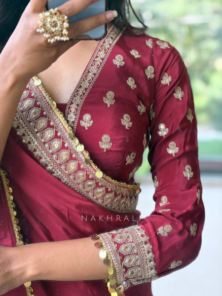 Thalassa Coin Maroon Chinon Georgette Saree