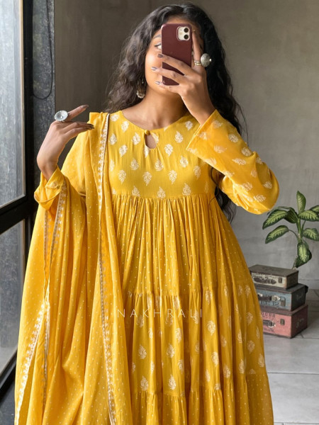 Mihira Yellow Cotton Anarkali Suit Set with Printed Dupatta