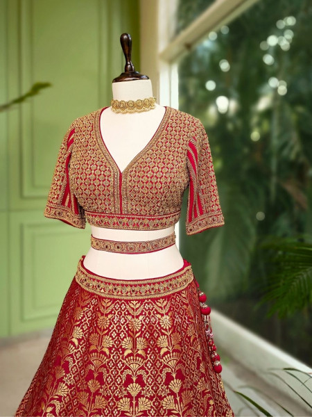 Veerangana Red Silk Bridal Lehenga with Zari Weave