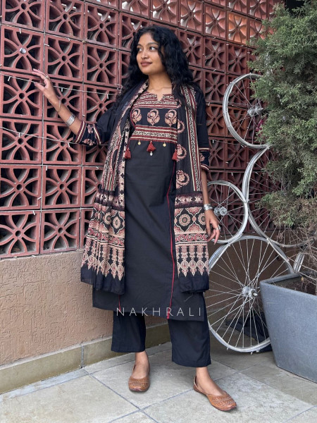 Kashvi Black Cotton Suit Set with Printed Yoke Detail