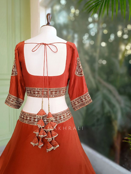 Vrishti Brick Lehenga Set with Peacock and Sequin Embroidery