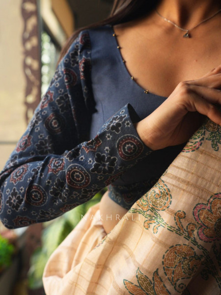 Taal Rang Blue Cotton Blouse with Beaded Neckline