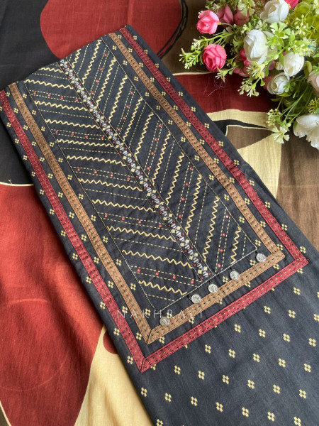 Ceyora Black Cotton Dress Material with Thread Weave Pattern