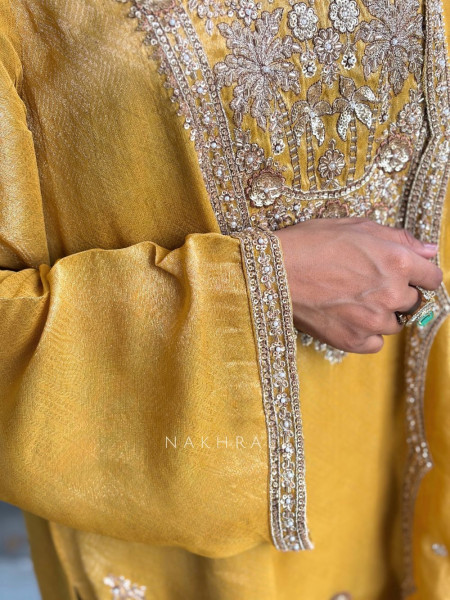 Zehra Yellow Embroidered Suit Set with Sequin and Cut Dana Work