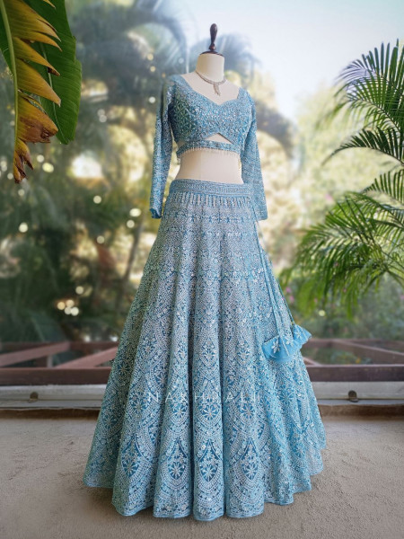 Kireva Firozi Sequin Beaded Bridal Lehenga Set