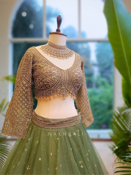 Lustre Enchant Sage Green Net Lehenga with Heavy Embroidered Blouse