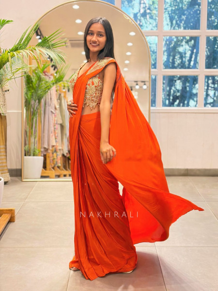 Solmira Orange Drape Saree with Sequin Zari Work