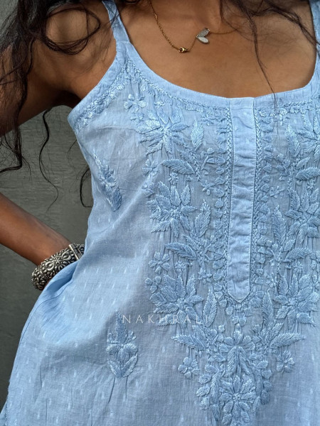 Sunbreeze Blue Cotton Chikankari Sleeveless Kurti with Embroidery