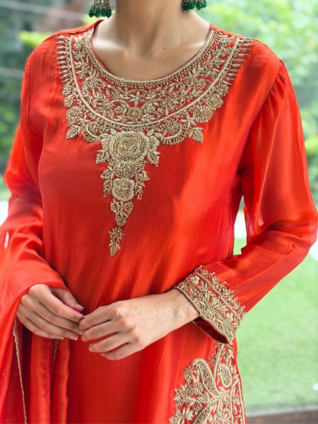 Noor-e-Kanti  Orange Chanderi Silk Suit Set