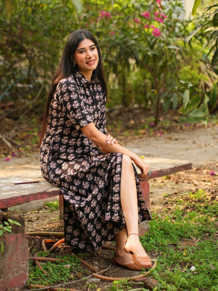 Image of Rihana Black Cotton Block Printed Button-Down Dress