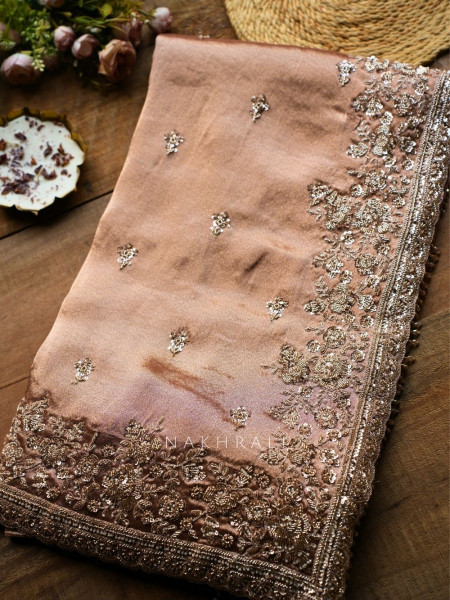 Rivaan Brown Saree with Cut Dana Sequin Embroidery and Readymade Blouse