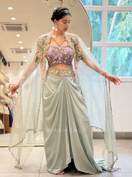 Vyomi Blue Indo Western Crop Top Skirt Set with Multicolor Embroidery