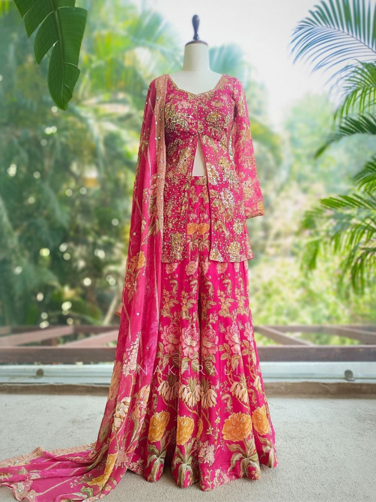 Image of Sumreen Georgette Kurta Palazzo Set With Floral Print with Sequin &amp; Mirror Work